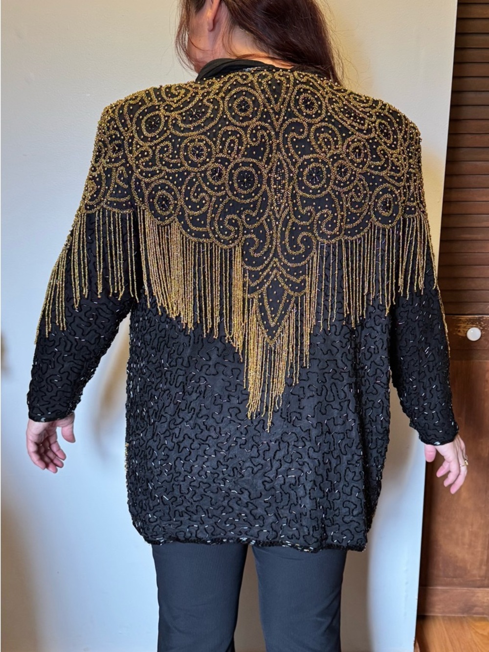 Beaded Black Jacket with Gold Fringe Embellishment